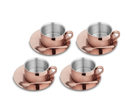 Shri & Sam Stainless Steel with Rose Gold PVD Coating 4 Pieces First Impression Double Wall Cup and Saucer Set